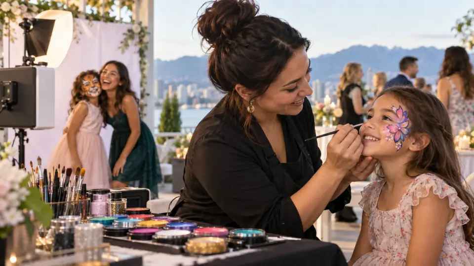 Face painter adding a pink butterfly to a smiling girl's cheek at an outdoor evening party
